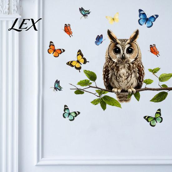 Decorative Party Window Sticker Owl Butterfly Wall Sticker, Forest Animal Illustration Decals, Nature Inspired Balcony Glass Decor Waterproof