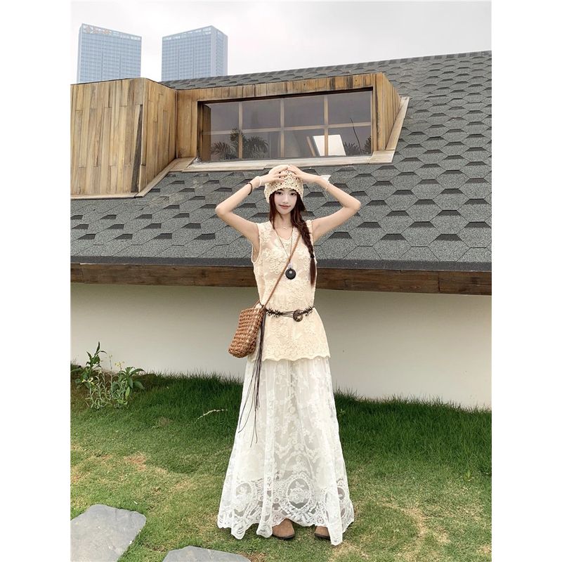 Kumikumi Retro Set Heavy Industry Crochet Vest Tops Women Autumn Lace Skirt A- Line Skirt Two-piece Set