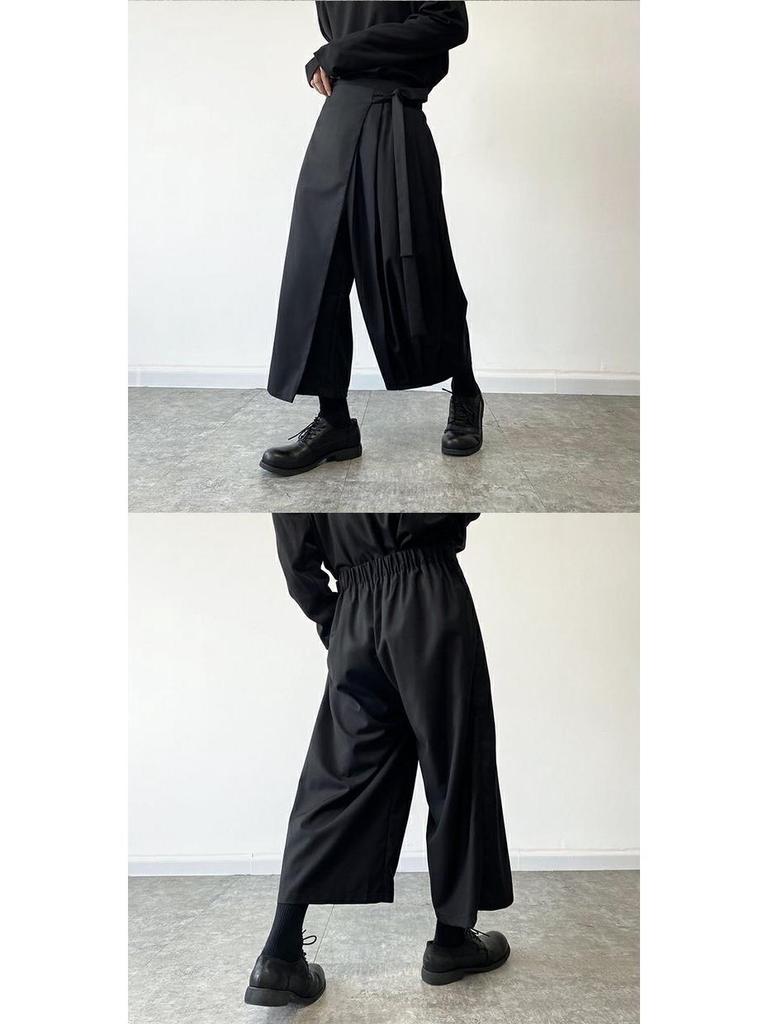 Yamamoto-Style Dark Drape Cropped Pleated Pants Skirt with Straps for Men & Women