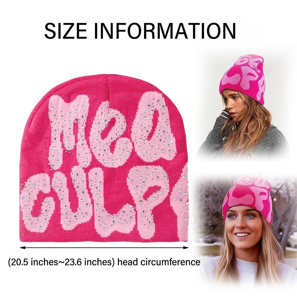 Trendy Stretch MEA Culpa Beanies Hat with Rhinestone Warm Soft y2k Beanies Hats Knitted Hip-hop Hat for Women Men