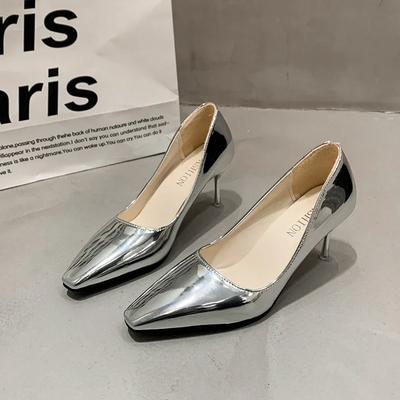 Модные туфли на высоком тонком каблуке, туфли-лодочки для офиса и карьеры, женские туфли без застежек, горячая распродажа весна/осень 2024 года, металлические украшения, однотонные туфли-лодочки