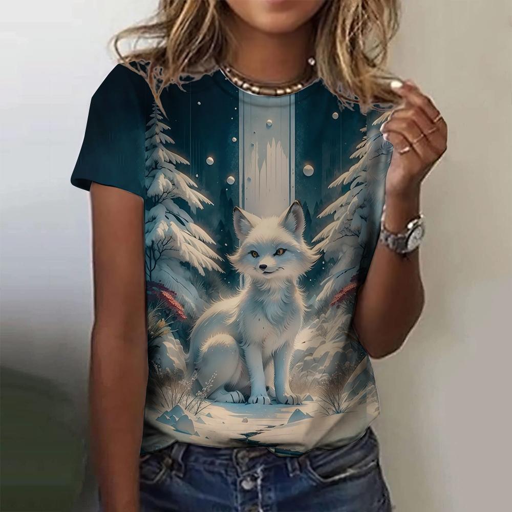 3D printed fox pattern women's T-shirt summer casual round neck top short sleeve loose T-shirt daily outing short sleeve
