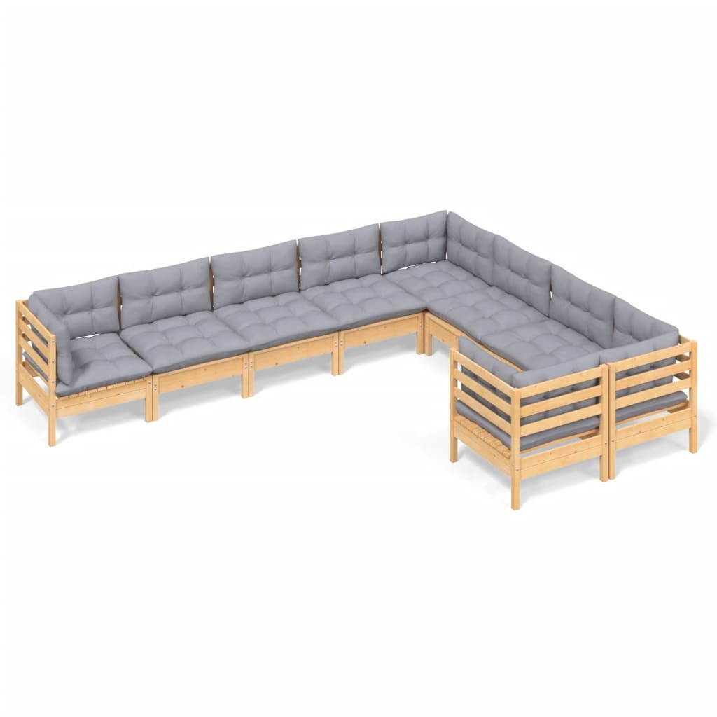9 piece Garden Lounge Set with Grey Cushions Pine Wood
