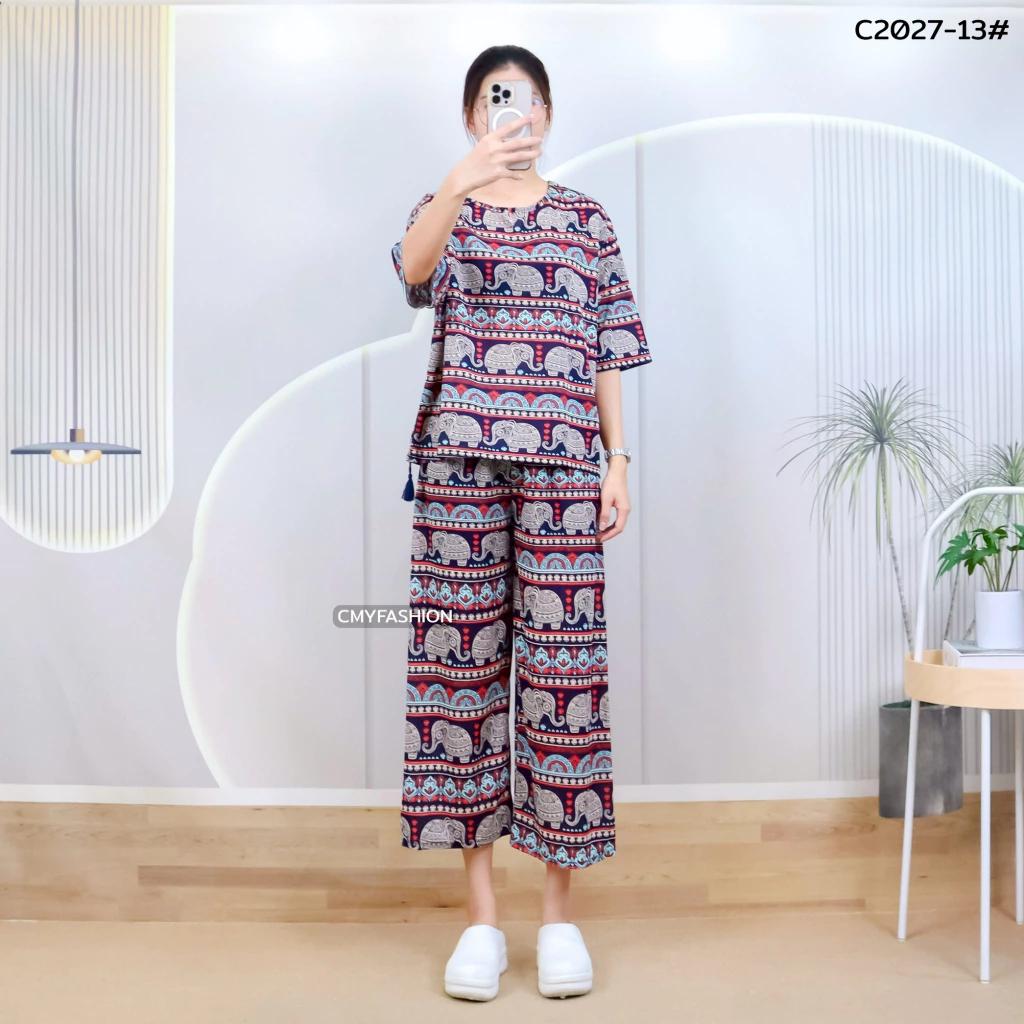 Слон Штаны Шорты Рубашка Комплект Круглый Вырез Укороченный Короткий Рукав Регулируемый Эластичный Пояс Завязка Женский Принт Повседневный Пляжный Бохо Богемный Ретро Винтаж