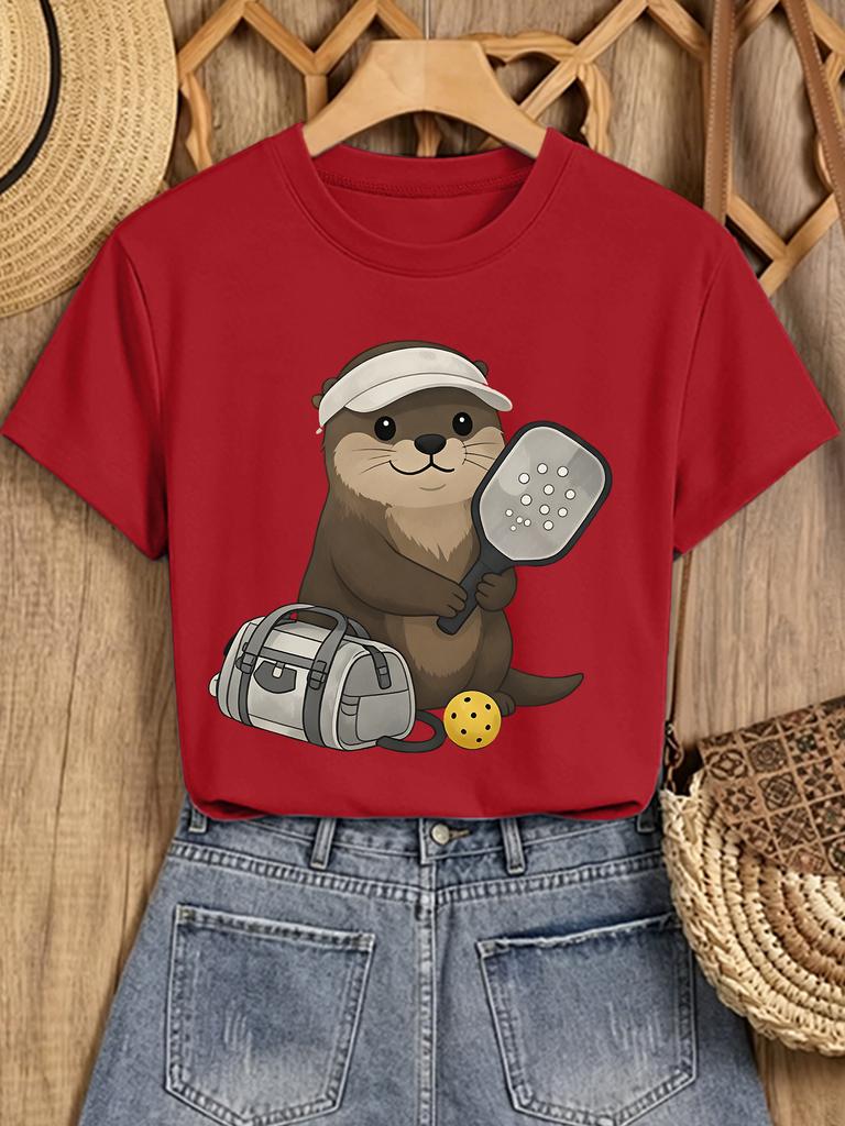 Ladies Elegant Style Gift Cute Otter Pick Ball Cartoon Fun Printed Pattern Retro Round Neck Tshirt Commuter Womens Wear