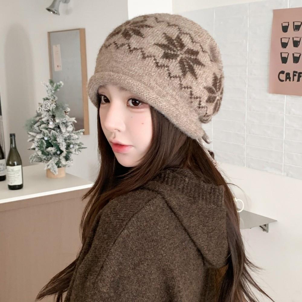 Drawstring Beanies Hat Snowflake Printed Winter Hat Fashion Knitted Hat Autumn