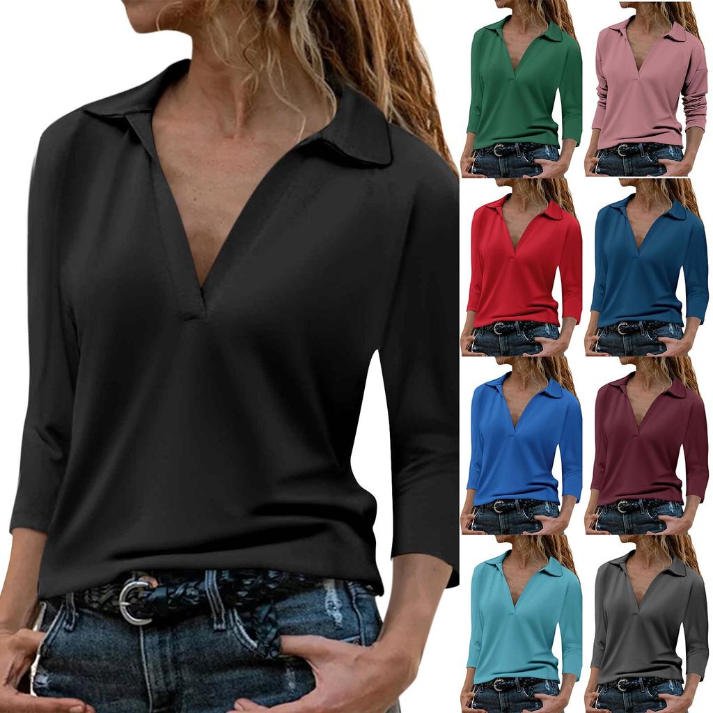 Women's 3/4 Sleeve T Shirts Summer V Neck Shirts Collared Casual Basic Tees Blouse