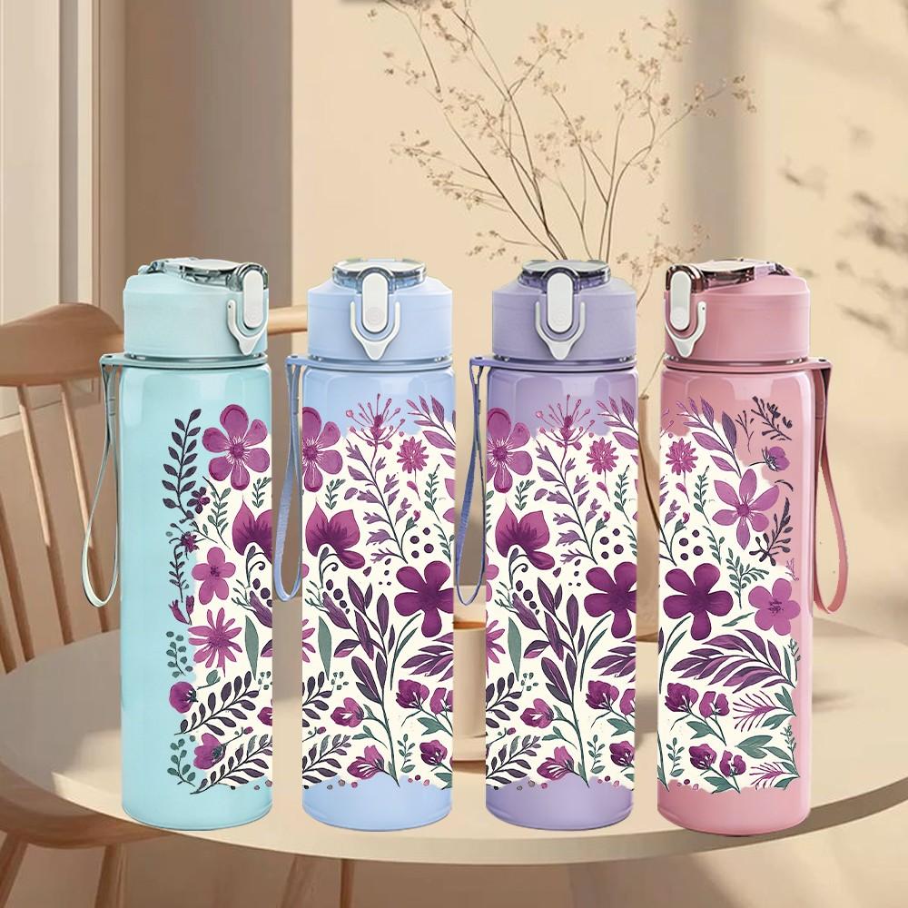 1PC Purple Lavender Floral Seamless Print 750ml Color Plastic Sports Water Bottle Leakproof Flip Straw Lid Suitable for Sports Office Home Use