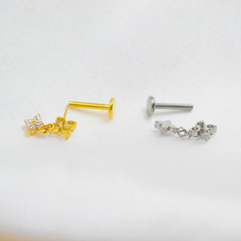 Титановый лабрет-пуссет G23 с цирконом для пирсинга хряща уха