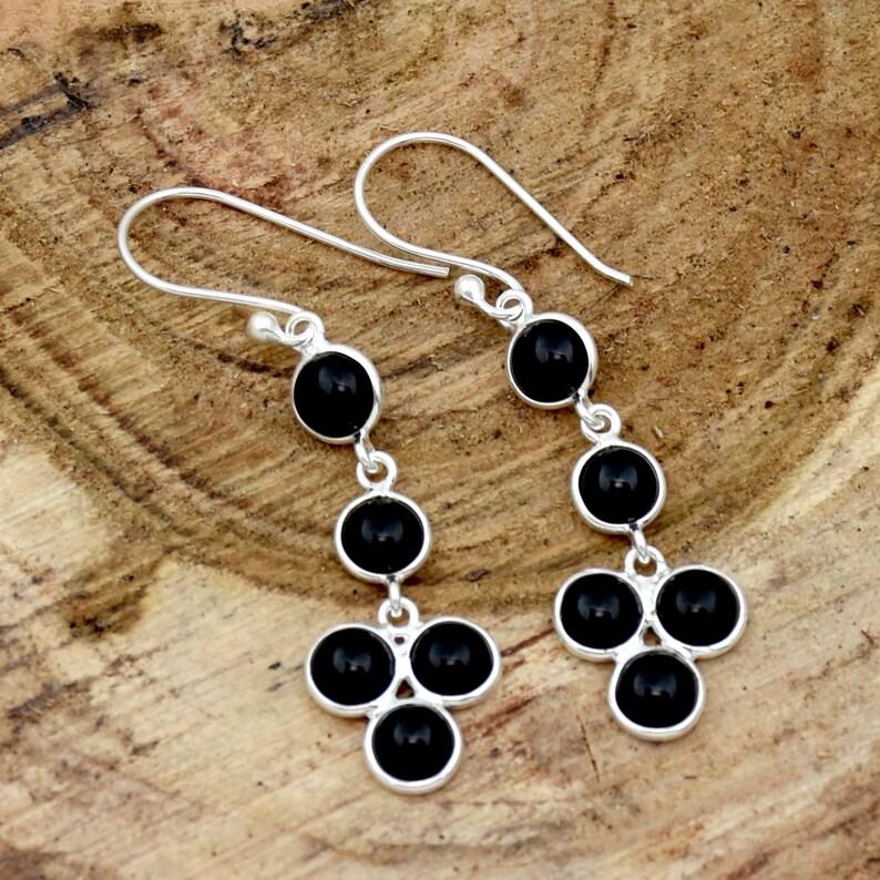 Длинные серьги с черным ониксом и круглым драгоценным камнем, проданы, серьги из стерлингового серебра 925 пробы, подарок для нее, серьги с камнем, свадебный подарок