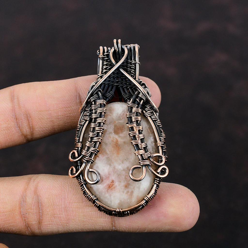 Подвеска из солнечного камня Подвеска, обернутая медной проволокой Подвеска ручной работы Украшения из драгоценных камней солнечного камня Достойная подвеска Подарок на годовщину Украшения из медной проволоки