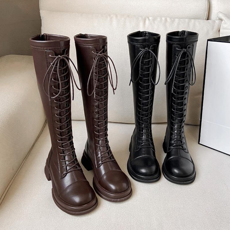 New Spot Amber Streamer Wind But Knee Knight Boots Thick Sole Thick Heel Boots Rear Zipper Round Head Lace-up High