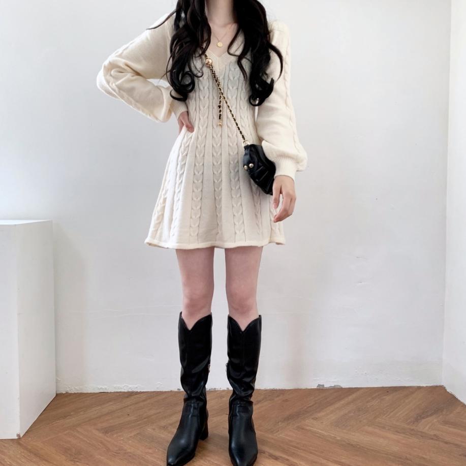 Вязаный вязаный свитер, мини-платье, женские повседневные короткие платья с рукавами-фонариками, осенне-зимняя одежда с v-образным вырезом, женская одежда