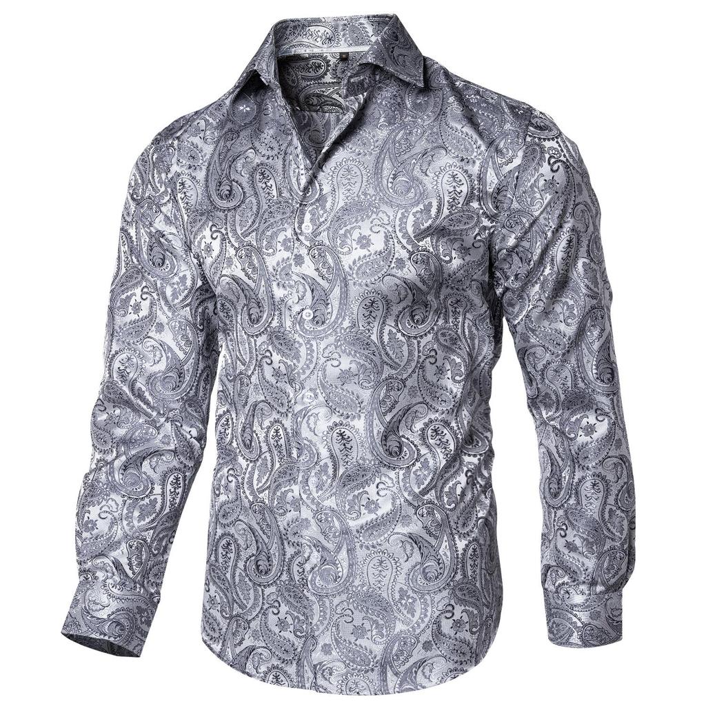 Mens Long Sleeve Shirt Black Design Casual Shirt Silk Paisley Shirt Collar Pin Luxury Mens Fashion