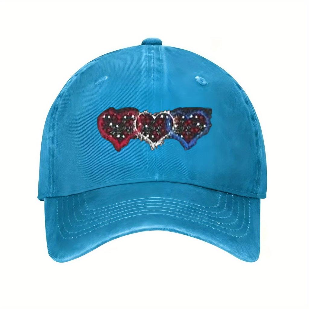 Red White and Blue Three Hearts Baseball Cap Unisex Distressed Cotton Casual Adjustable Summer Hat