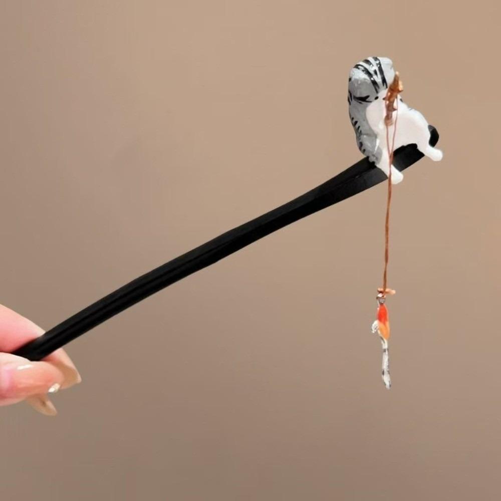 Chinese Style Cat Fishing Hair Stick Black Sandalwood Hanfu Hairpin Antique Wooden Hair Stick  Girl