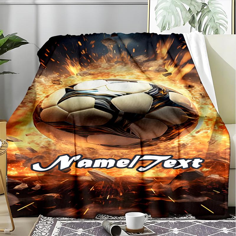 1PC Custom Name Soccer Ball Flames outdooor Flannel blankets Throw Blanket All-Season Throw Gift Bedspread for Couch, Bed, Camping Holiday Birthda