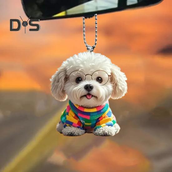 Cute Puppy Pendant Car Mirror Hanging Ornament Acrylic Dog Keychain Christmas Tree Decor Backpack Charm Gift for Women Girls
