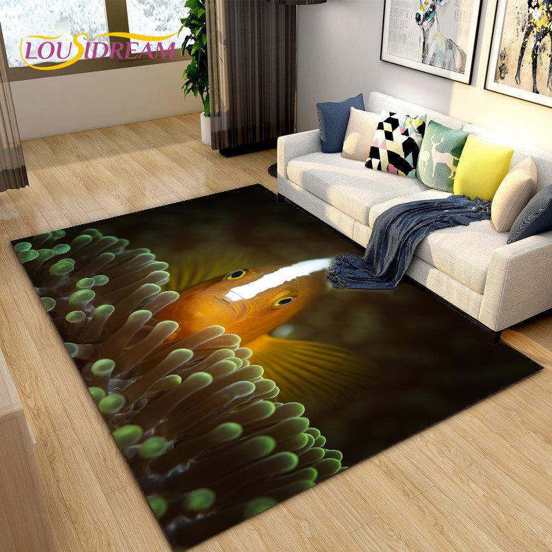 Подводный мир Морское дно Рыба Дельфин Коврик Большой, Коврик для гостиной Спальня Диван Коврик Кухня, Нескользящий напольный коврик