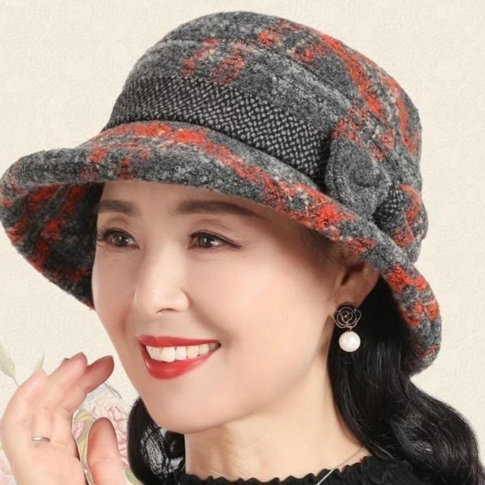 Thickened Bow Top Hat Windproof Cloche Hat Ladies Middle Aged Women Bucket Hat Autumn