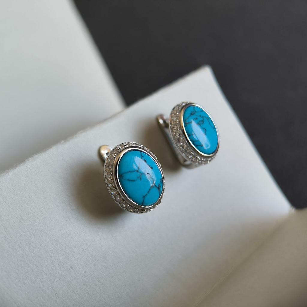 Серебряные серьги с бирюзой, фианитами (60002273)