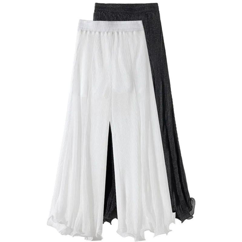 Летние широкие брюки с рюшами по краям, расклешенные брюки «рыбий хвост» с эластичной резинкой на талии, женские сетчатые прозрачные брюки, темпераментные повседневные плиссированные брюки с кондиционером