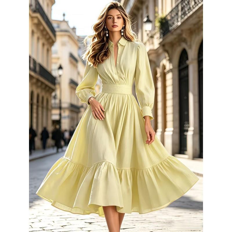 Womens Long Sleeve Dress 2026 A-Line Flared Skirt Slim Waist Shirt Collar Single Breasted Office Party Daily Wear