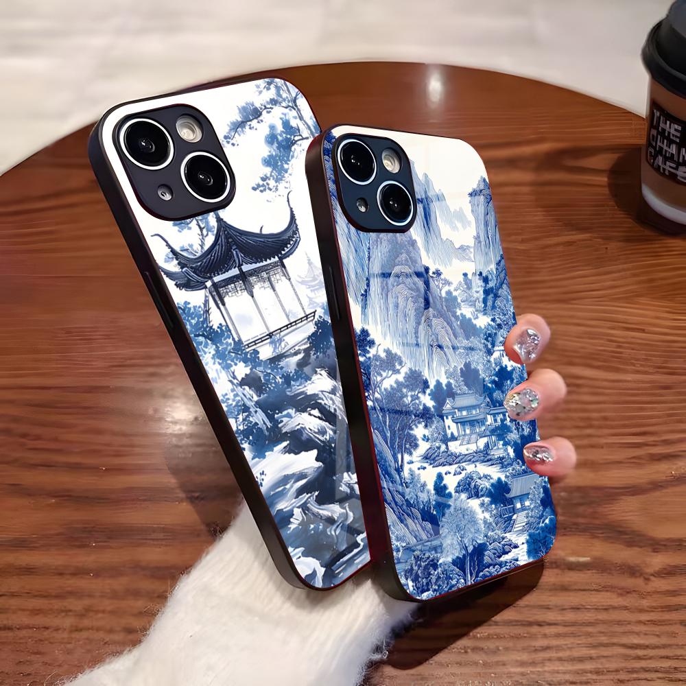 Восточный сине-белый чехол для телефона для IPhone 17 Pro Max 16 15 14 Pro Max 13 11 Plus Стеклянная крышка
