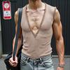Мужские майки без рукавов с глубоким V-образным вырезом, прозрачные, с ажурной сеткой