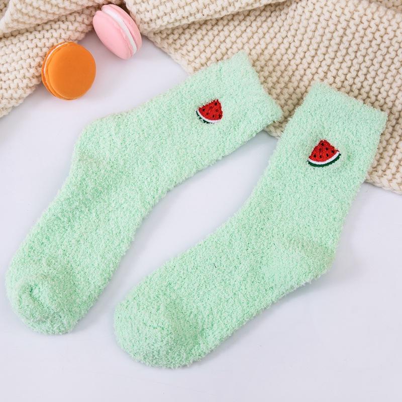 Women's Mid-Calf Coral Fleece Knitted Socks Japanese Style Fruit Embroidery Plush Winter Solid Color Thick Breathable Thermo