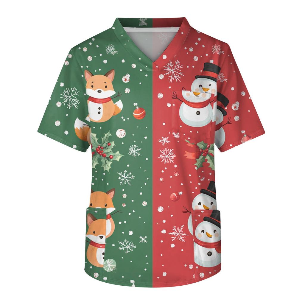 Мужской топ с коротким рукавом, V-образным вырезом, рождественским принтом и нагрудным карманом