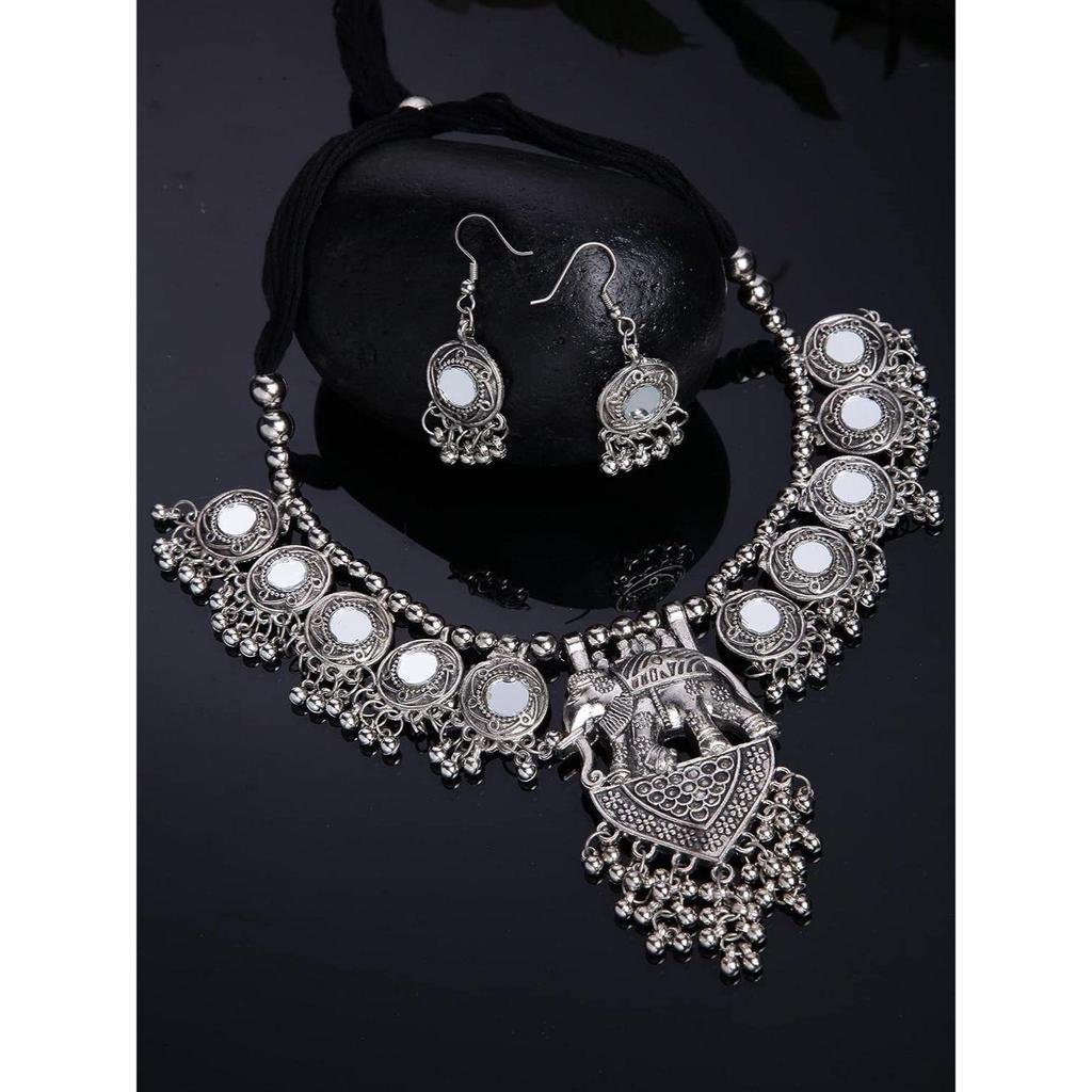 Shining Diva Fashion Latest Stylish Traditional Oxidised Silver Necklace Jewellery Set for Women