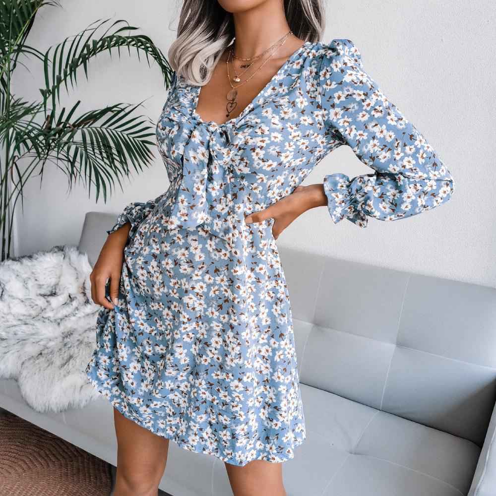 DAFIFY Женская мода лето весна цветочный узор принт с длинным рукавом v-образным вырезом средней талии повседневные платья