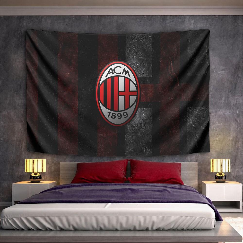 Black and red vertical stripes with a central oval AC Milan logo. Patterned tapestry for bedroom and living room home decor