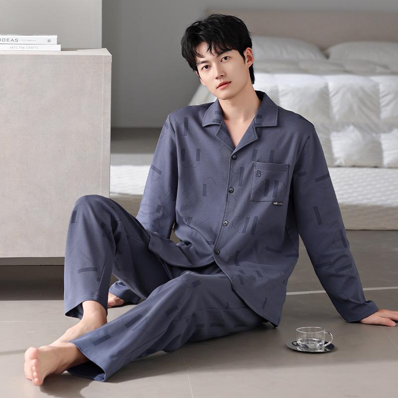 Men'S Pajamas Men'S Spring And Autumn Models, Pure Cotton Long-Sleeved Men'S Autumn Cotton Loungewear Set