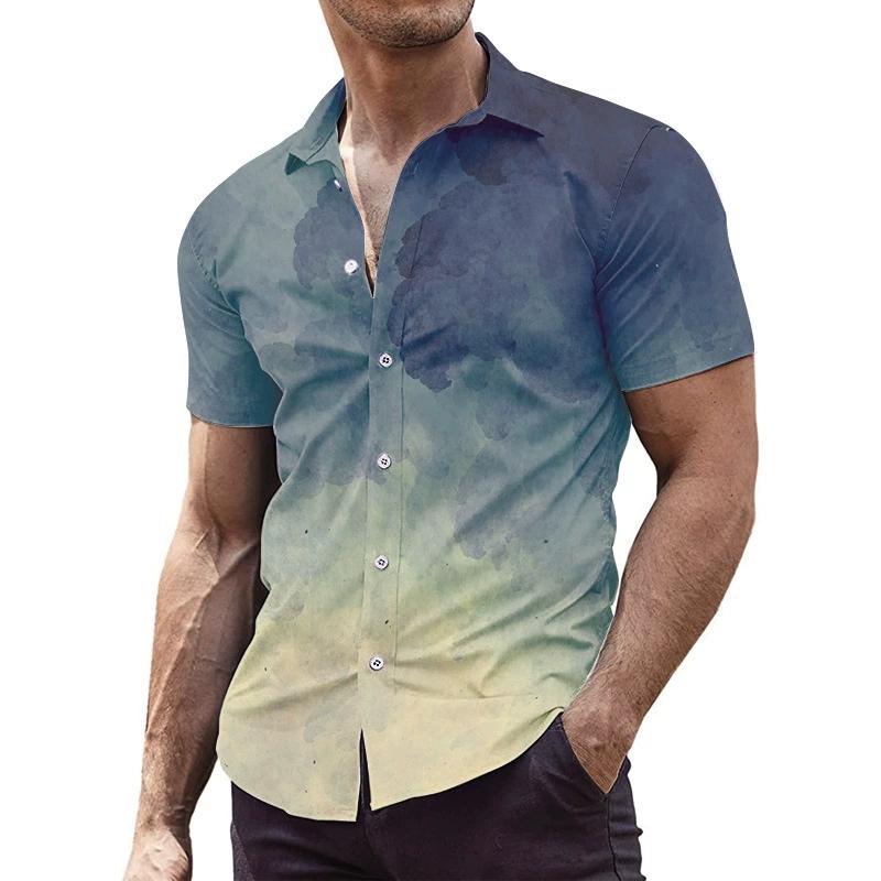 Мужская рубашка с короткими рукавами и контрастным градиентным цветом, дышащая и эластичная, с 3D-принтом