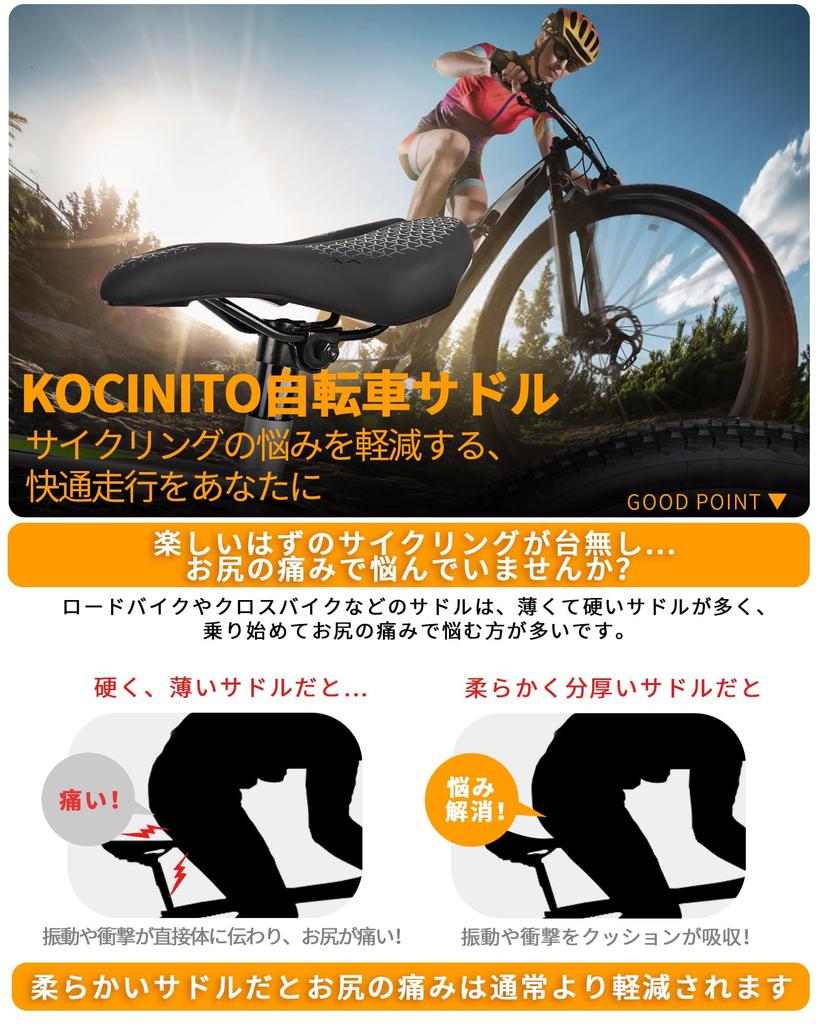 KOCINITO Bicycle Comfortable Buttocks Memory Foam Shock Sports Saddle Cushion with Wave Compatible with Mountain Road and Cross Black Saddle, Relief,