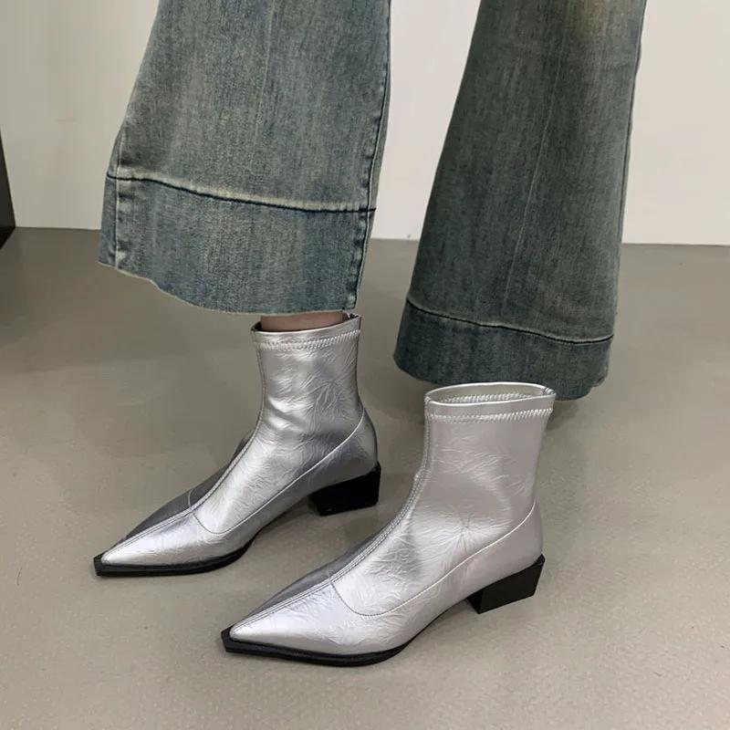 Женские узкие ботильоны с острым носком, модные женские элегантные ботильоны на квадратном низком каблуке с застежкой-молнией сзади, женская обувь