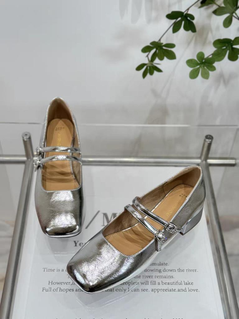 Xiaoxiangfeng Light Mouth Double Buckle with Mary Jane Shoes Women's 2025 Autumn New Fashion Silver with Skirt Thick Heel Single Shoes