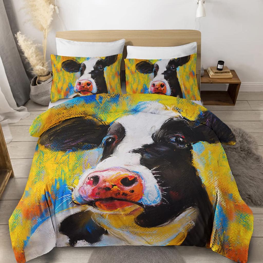 Farmer Cow Print Duvet Cover Set Oil Painting Cow Bedding Set Vintage Animals Dog Pig Chicken Printed Comforter Cover Full Size