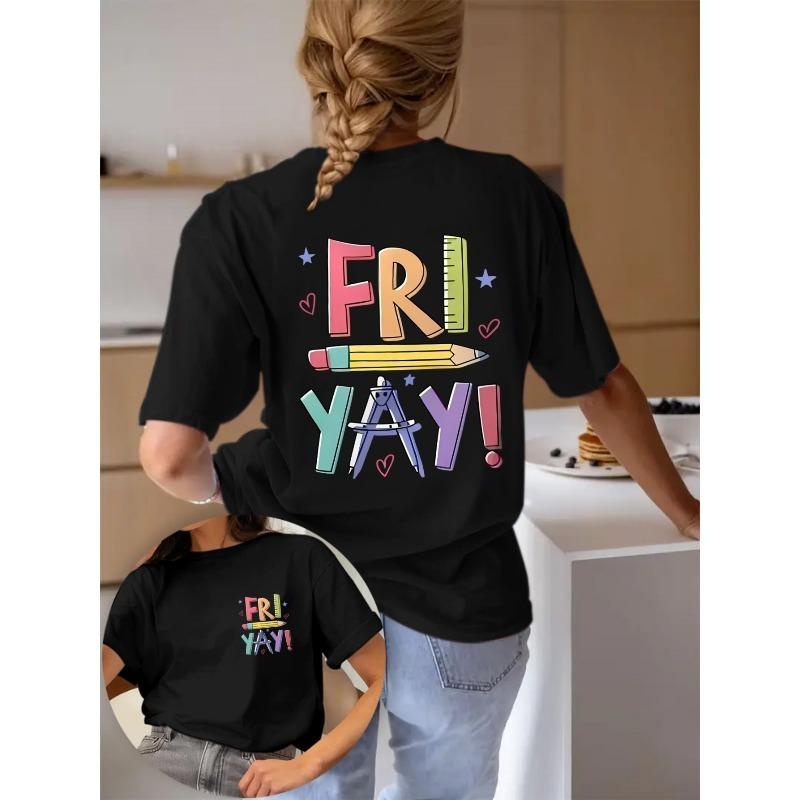 Женская повседневная розовая футболка с надписью "FRIYAY!"""Дизайн с цветными карандашами - Короткий рукав, Круглый вырез, Легкая смесовая хлопковая ткань, Идеально для повседневной одежды"""