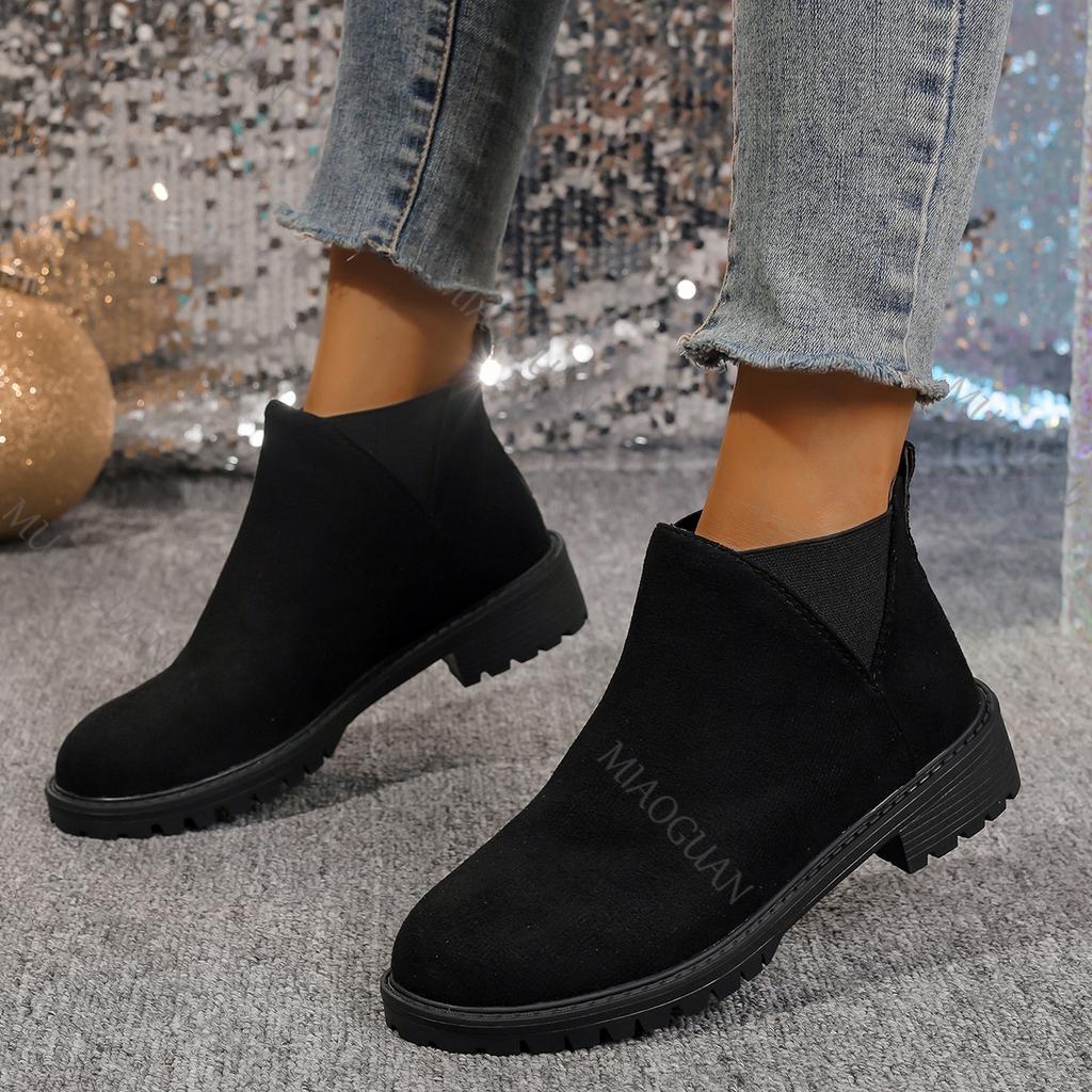 Fashion Women's Ankle Boots Suede Leather Women Round Head Thick Low Heeled Woman Shoes Casual Autumn Slip On Gladiator Bottes Femmes