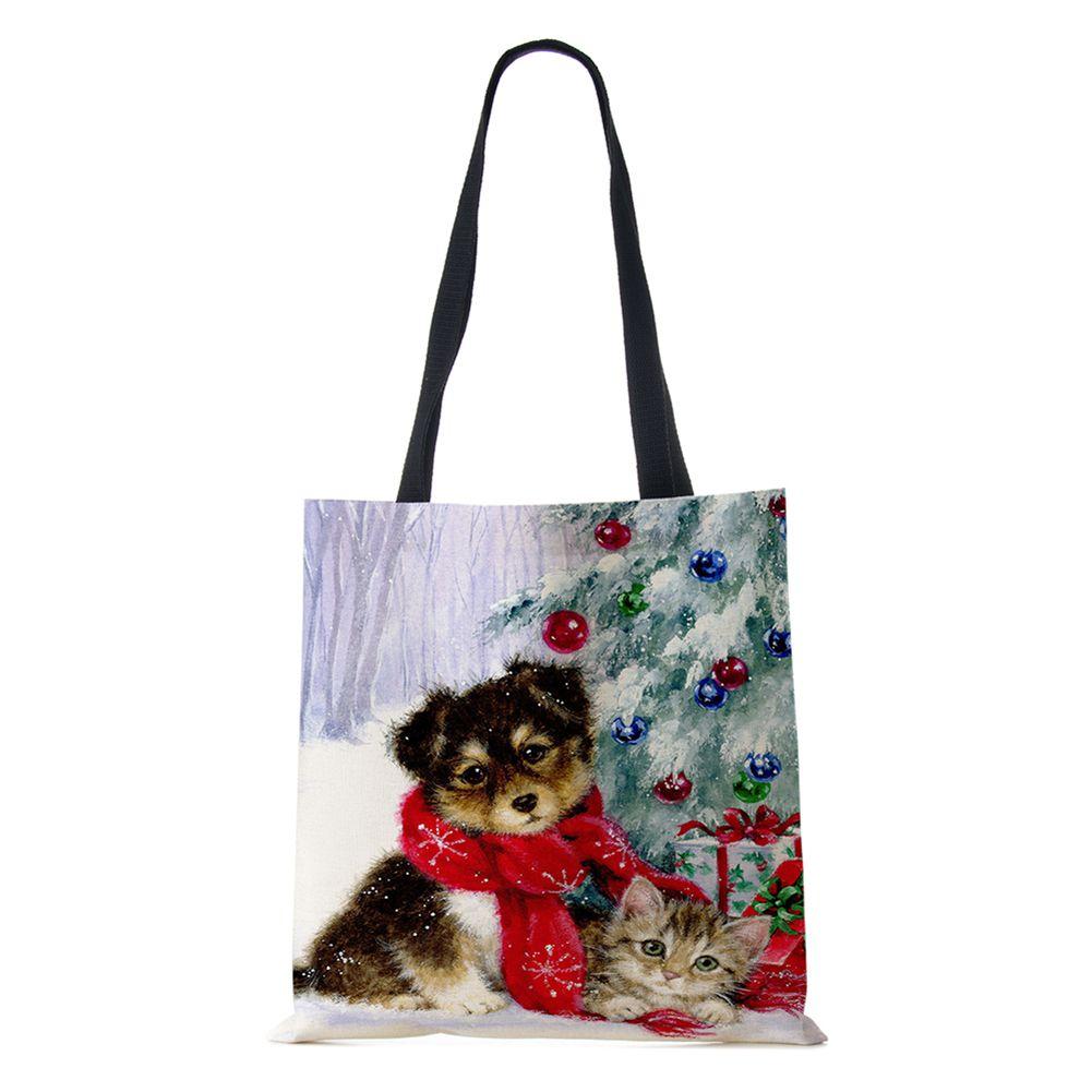 Рождественская елка Подарок Харадзюку Холщовая сумка-шоппер Рождественская собака Женская многоразовая сумка через плечо Большая вместимость Складная сумка для хранения KTY