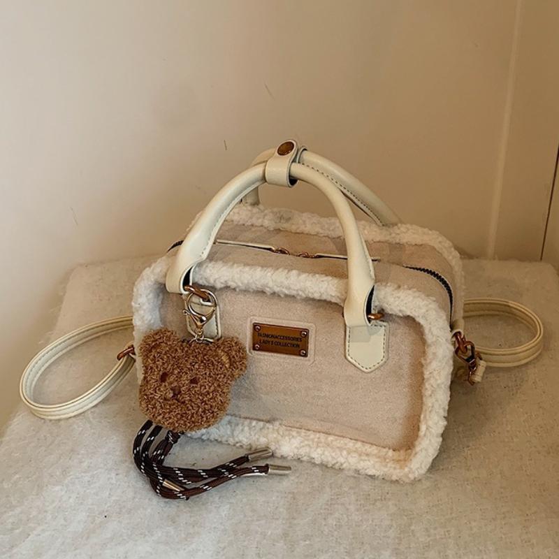 Retro Winter Handbag Matte Crossbody Bag Small Plush Square Bag With Charm Adjustable Shoulder Strap Zipper Wallet