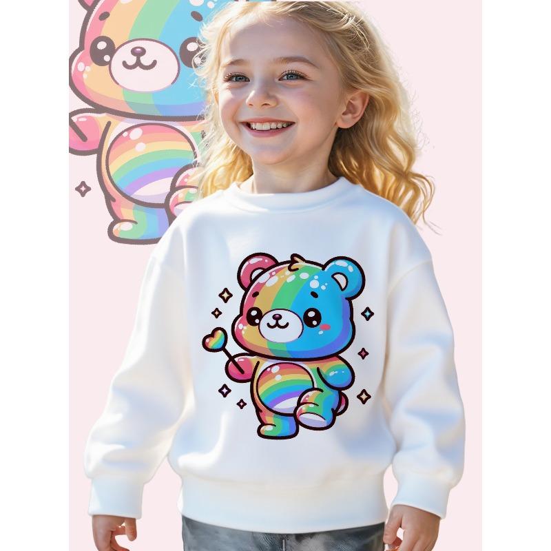 European sizes Kids Rainbow Bear: A Vibrant And Adorable Cartoon Character Design Long Sleeve Crewneck Sweatshirt - Comfortable Casual Pullover