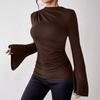 Autumn Versatile Pleated Top with Flared Sleeves Stand Up Collar Slim Fit Women's T-shirts