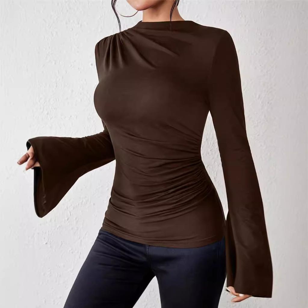 Autumn Versatile Pleated Top with Flared Sleeves Stand Up Collar Slim Fit Women's T-shirts