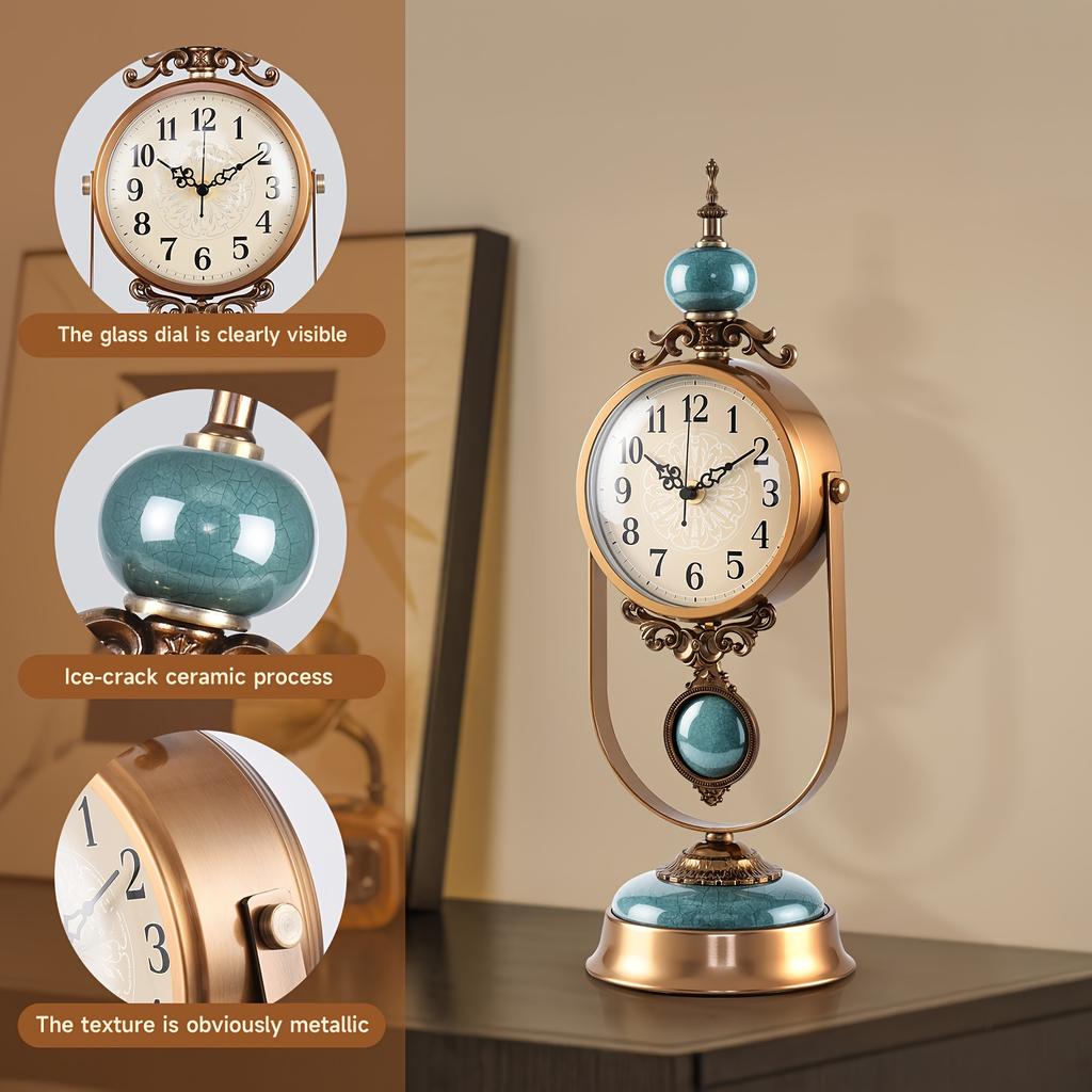 Vintage Luxury Iron Art Table Clock with Crackled Green Glass Dome Silent, Battery Powered Home Decor Accent, Golden Ornate Design for Living Room