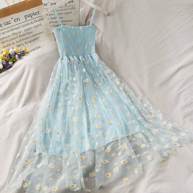 Женское платье на бретельках из сетчатой пряжи Daisy, летние плиссированные тонкие платья в стиле ретро во французском стиле