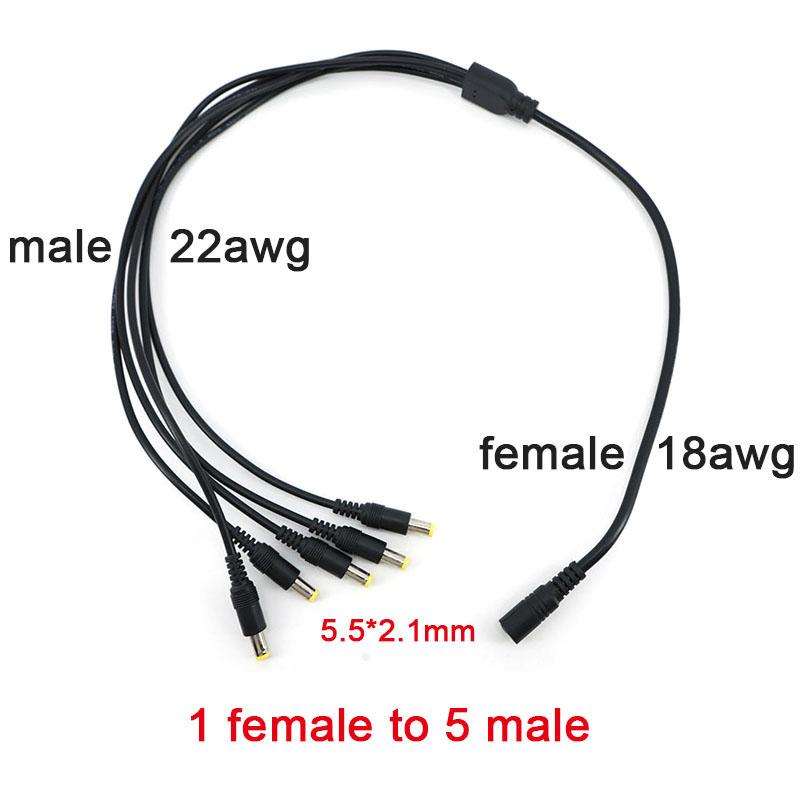 5pcs 70cm long 1 female to 5 way Splitter male extend Cable 5.5*2.1mm to male 18awg branch 22awg 12V DC Power Supply Adapter